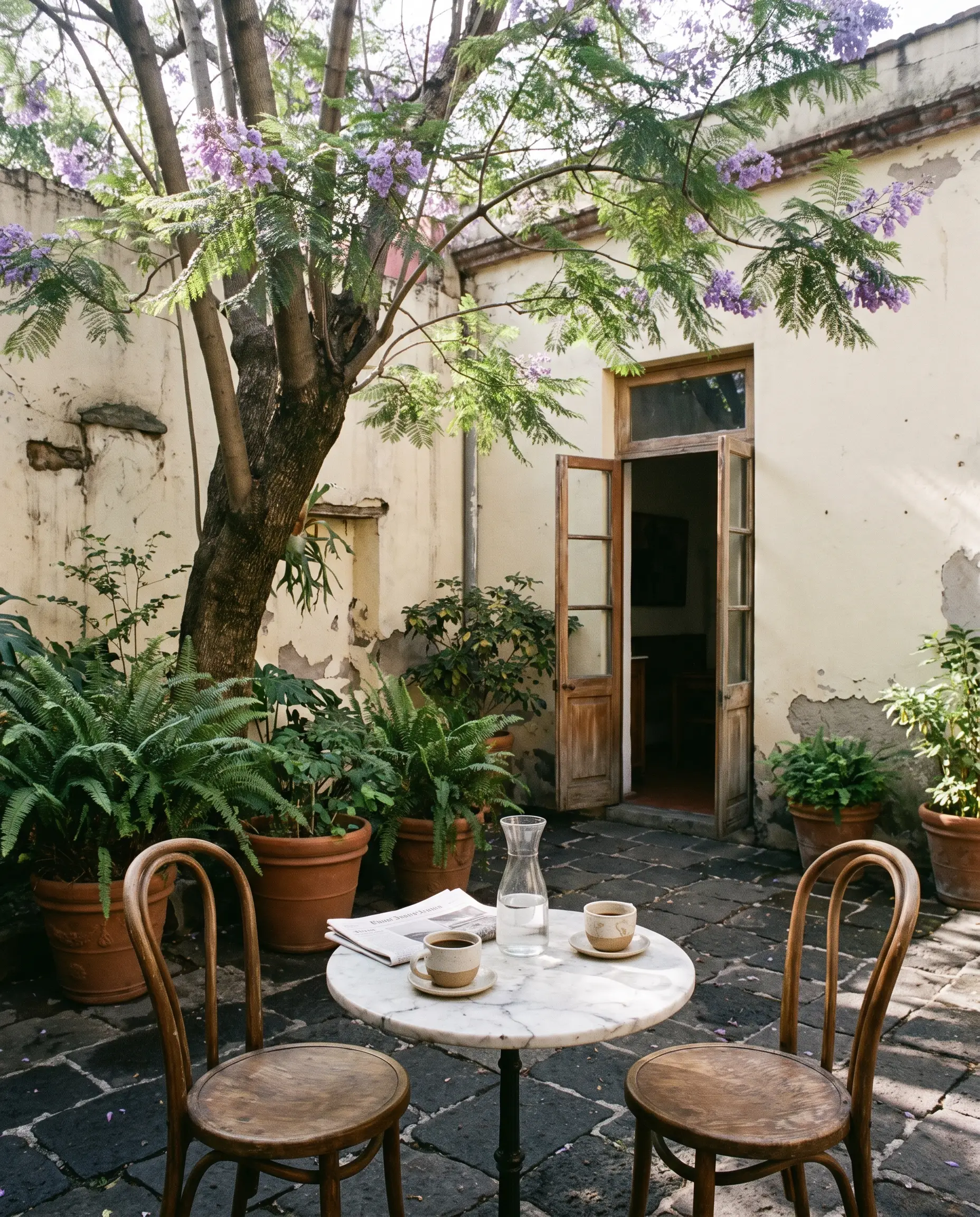 Patio con una jacaranda, macetas con helechos y una mesa de mármol con dos cafés.