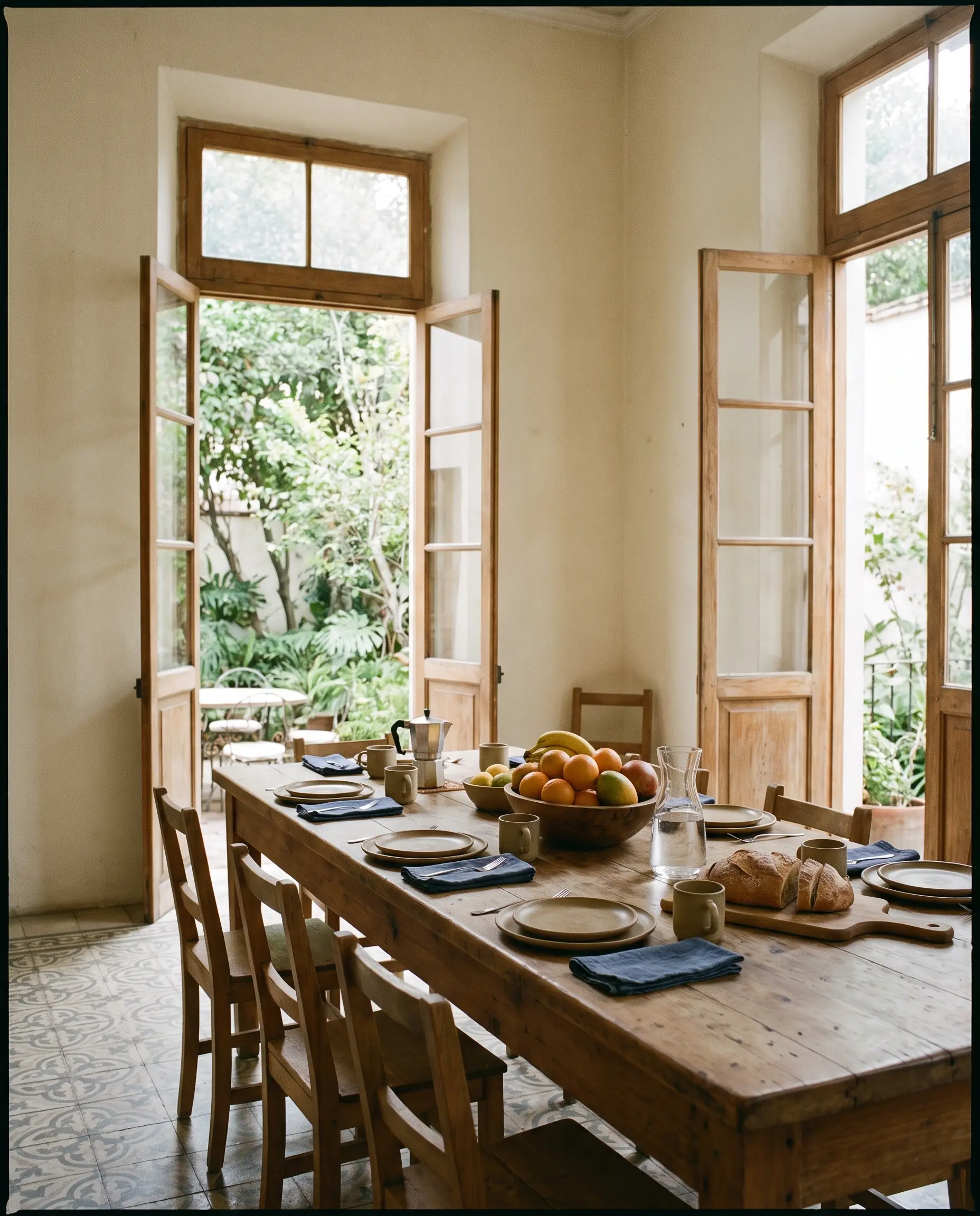 Mesa larga de madera puesta para desayunar, con las puertas abiertas a un jardín.