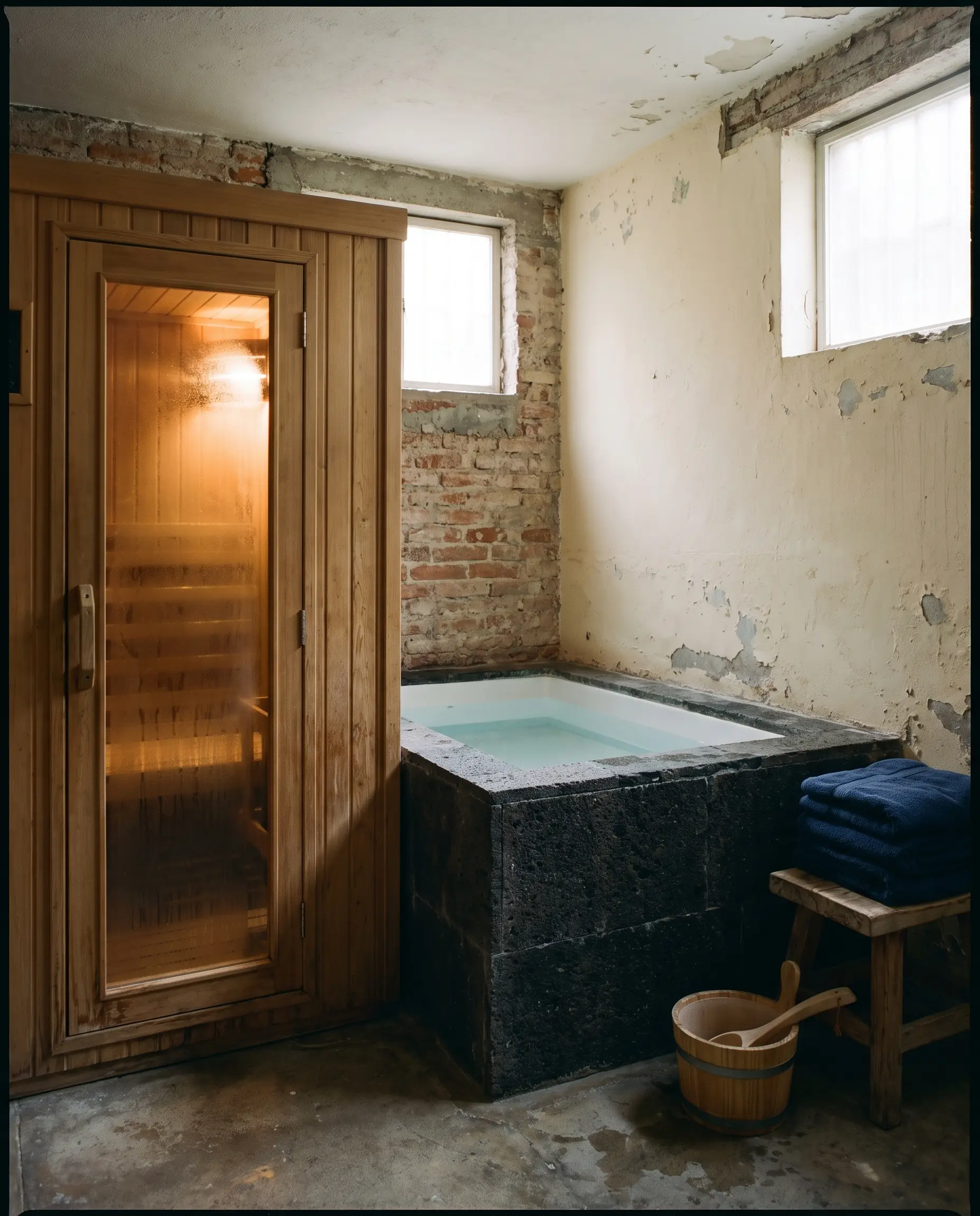 Sauna de madera junto a una tina de agua fría revestida en piedra volcánica.